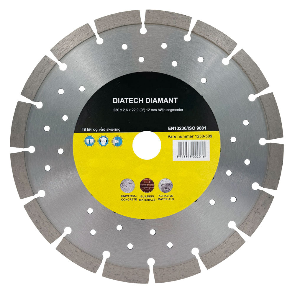 Diamantklinge 230x22,2mm - Til hård beton/Natursten - 12mm segmenter